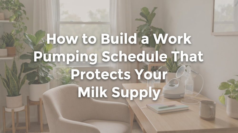 A working mother at her desk with breast pump and laptop in soft natural light