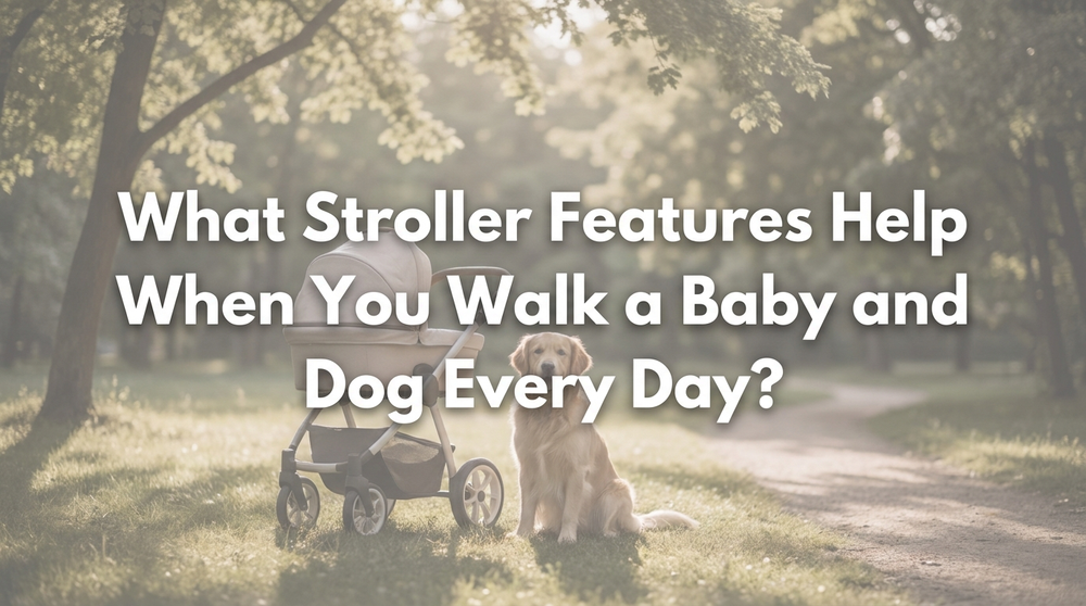 An adult walking a dog while pushing a baby stroller on a sidewalk