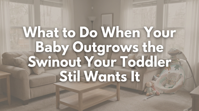 A parent redirecting a toddler from an infant swing to appropriate play equipment