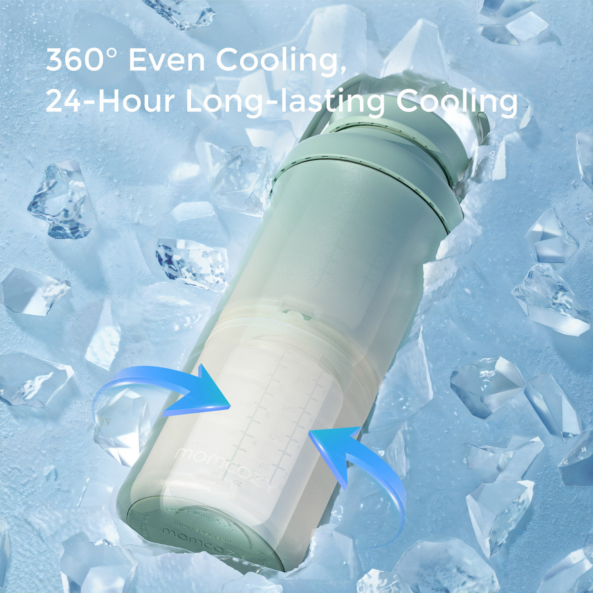 Green portable breast milk cooler with ice, features 360° even cooling for 24 hours.