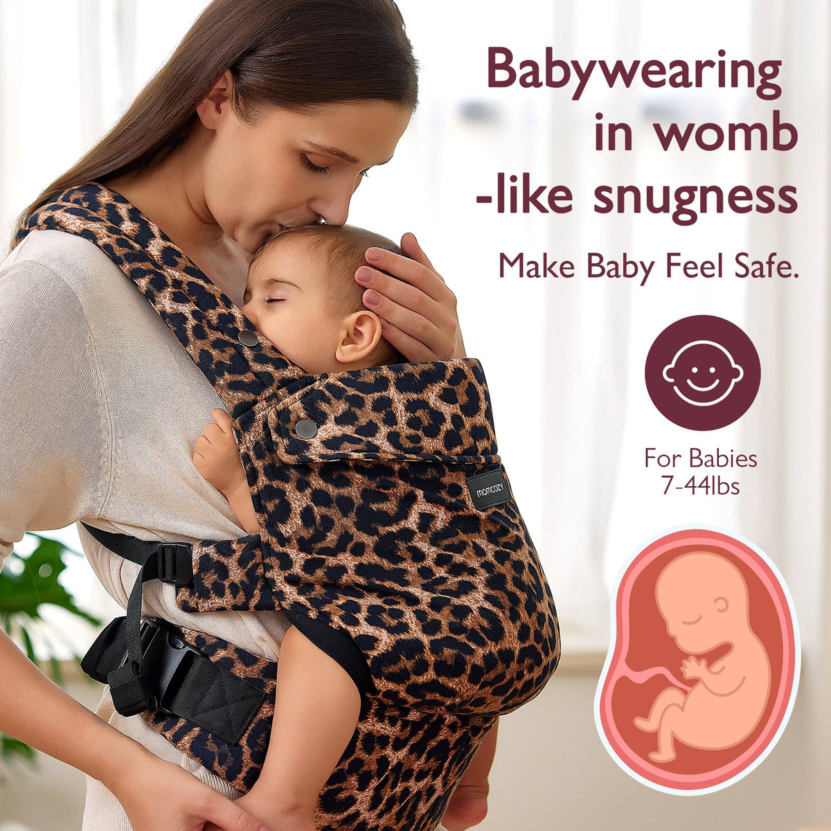 Leopard print Momcozy PureHug baby carrier, babywearing design for comfort and snugness, suitable for babies 7-44lbs.