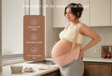 Pregnant woman wearing the oyster pink Momcozy belly band showing the wide cradle and optimized lift angle.