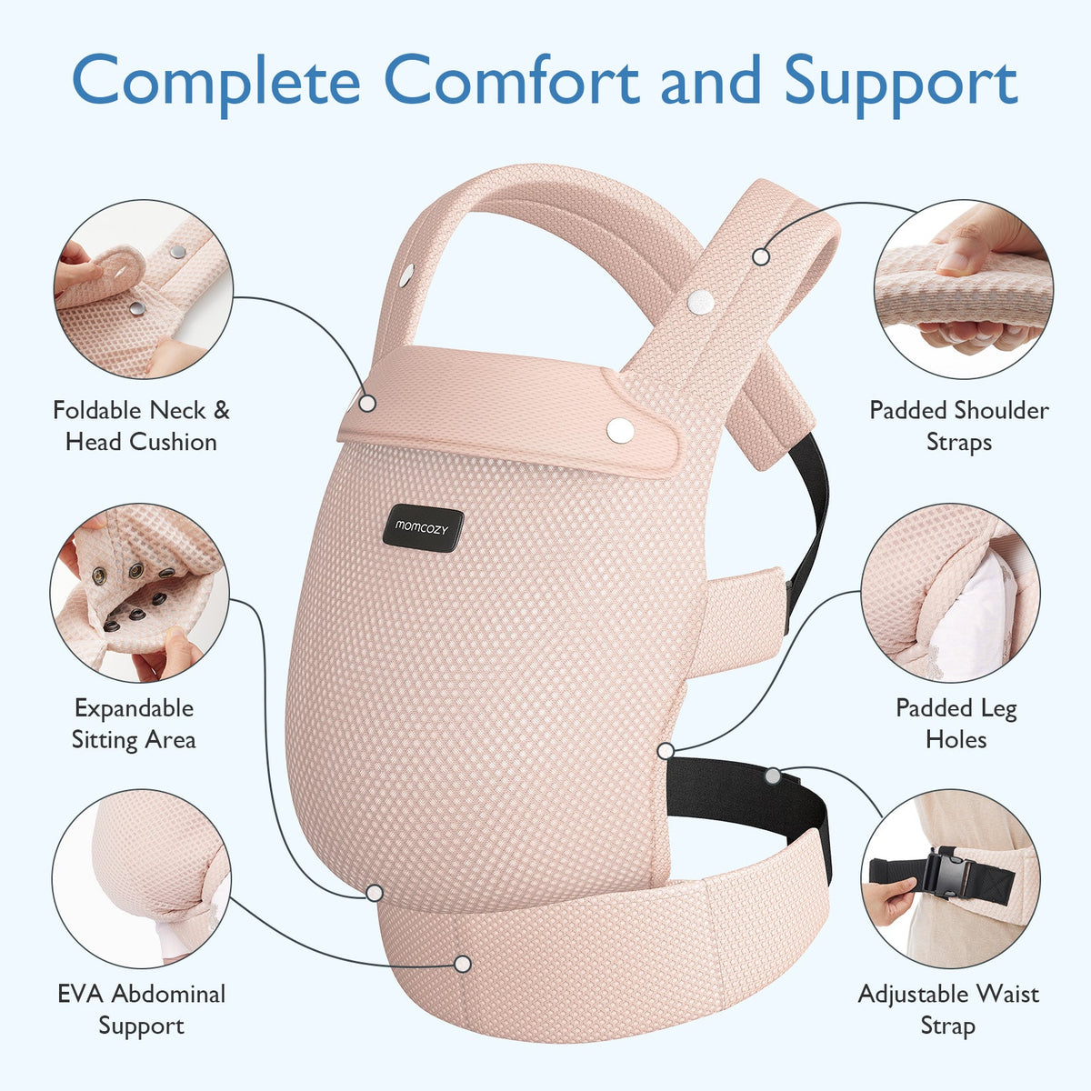 Pink Momcozy PureHug baby carrier, featuring adjustable waist, padded straps, and foldable neck support for babywearing.