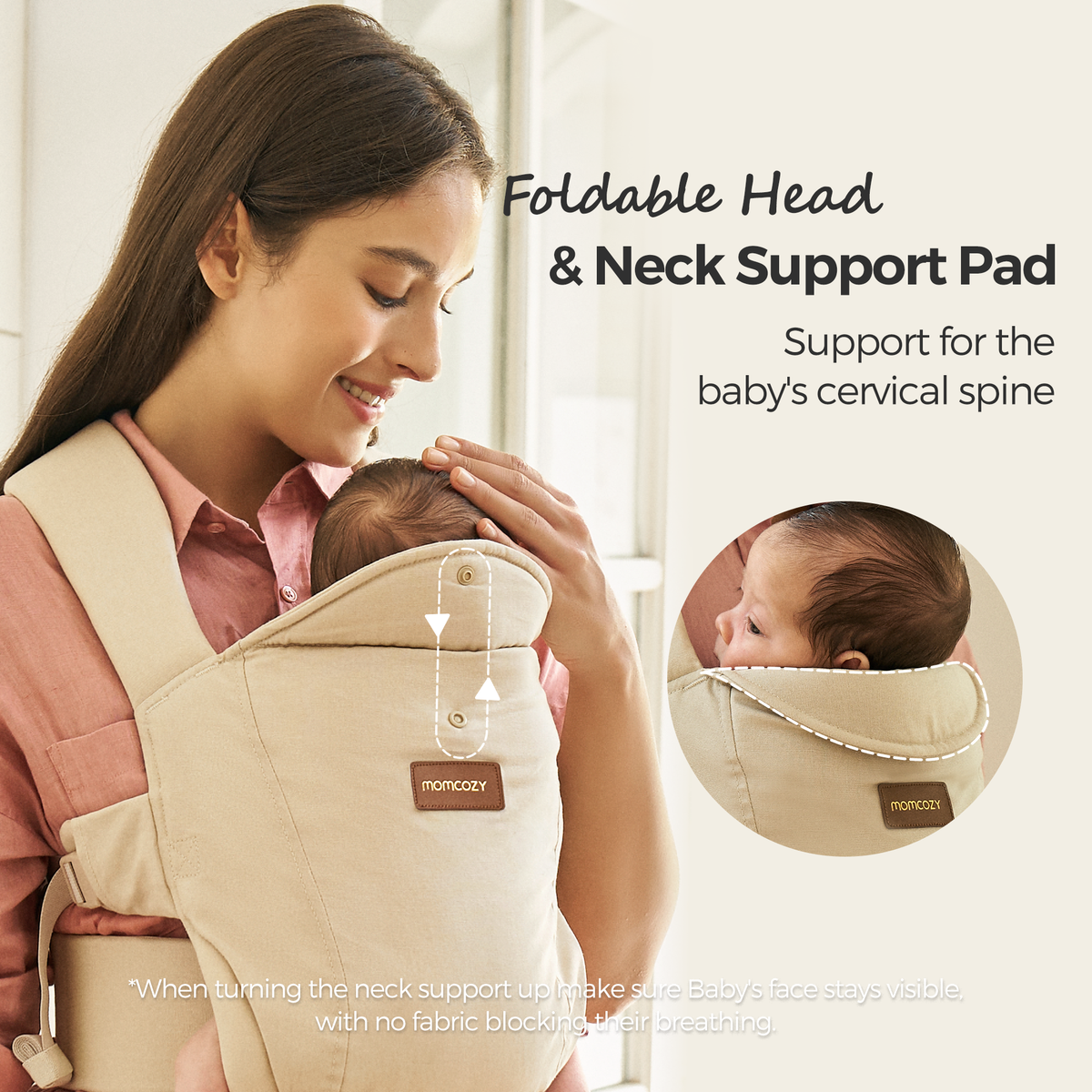 Momcozy WeeSnug newborn carrier with head & neck support, providing support for baby's cervical spine. Beige carrier.