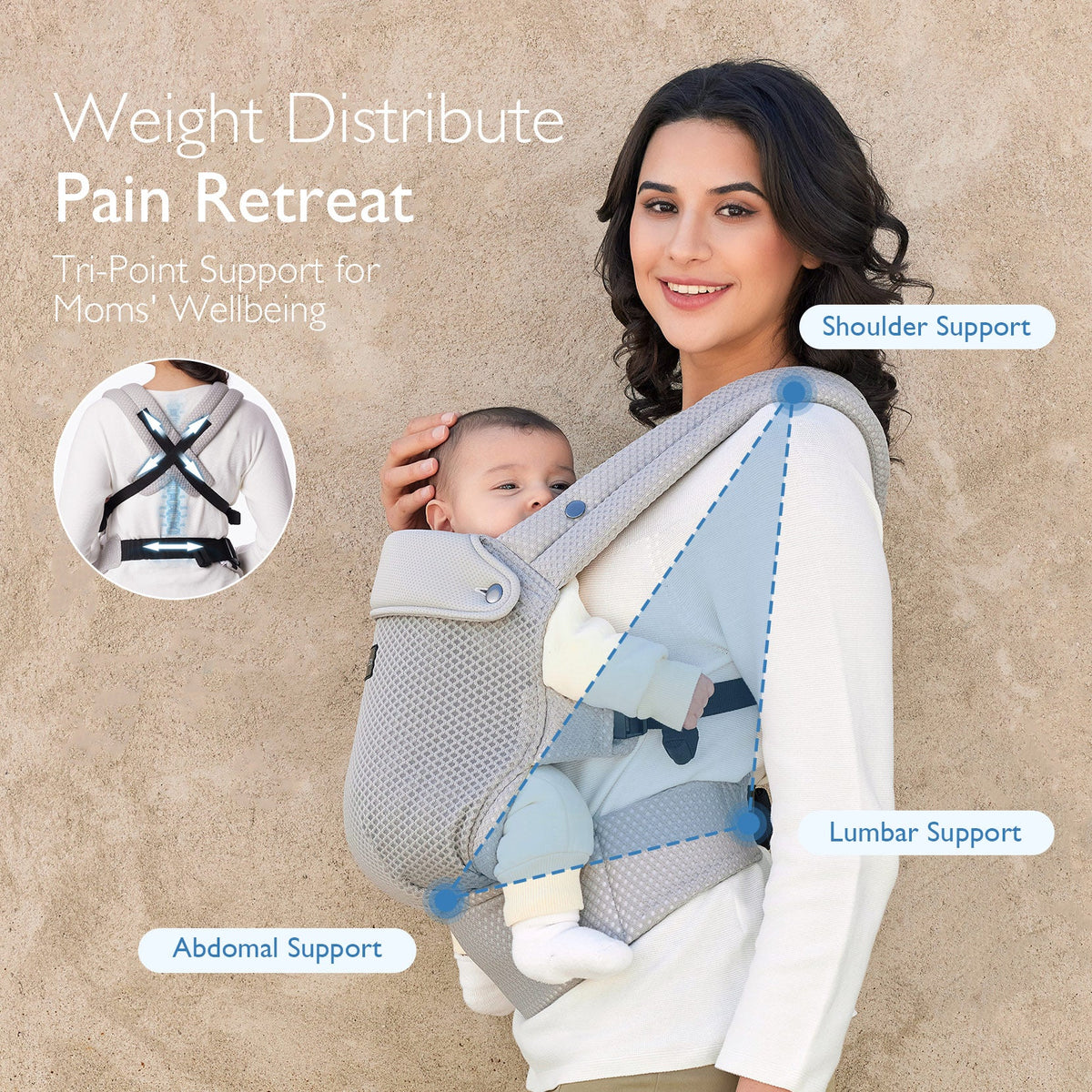 Momcozy PureHug baby carrier, gray, for comfortable babywearing, featuring shoulder, lumbar, and abdominal support for mothers