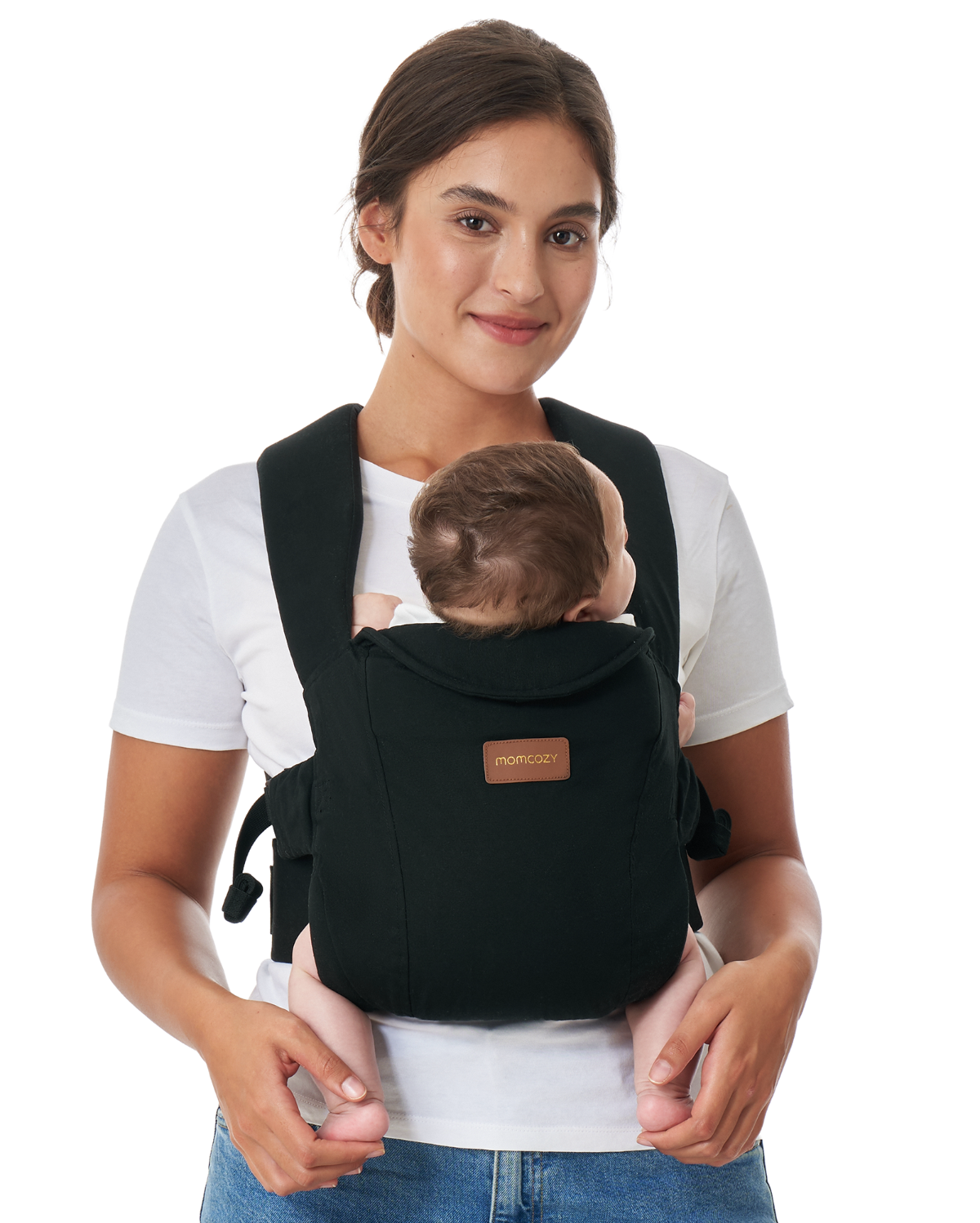 Momcozy WeeSnug Newborn Carrier (0–3M) in black, worn by a smiling mother with her baby, showcasing comfort and design