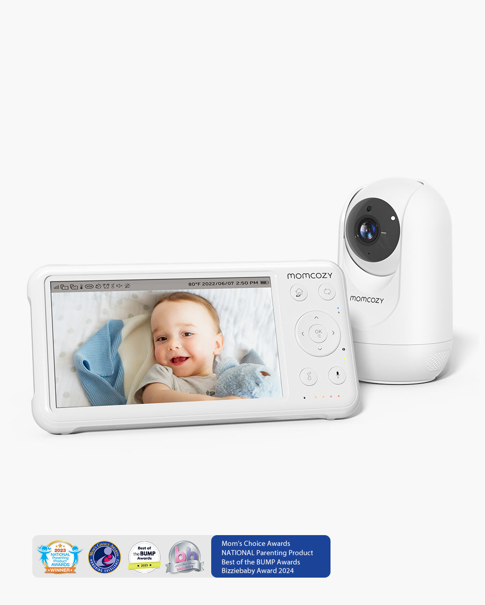 Momcozy BM01 baby monitor, showing baby, award-winning recognition. Mom's Choice, Best of BUMP 2023 for peace of mind.