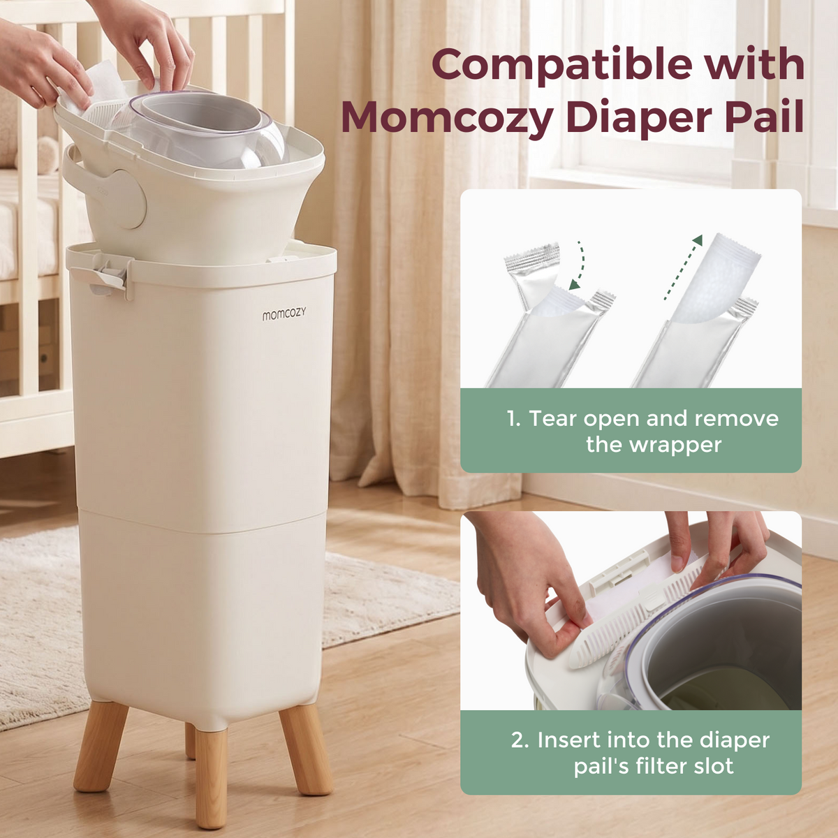 An instructional guide on how to use Deodorizer Packs with a Momcozy Diaper Pail, including a step-by-step breakdown. The image displays the white Momcozy Diaper Pail and provides clear, illustrated steps