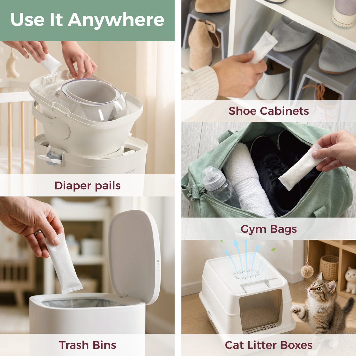 A feature graphic titled "Use It Anywhere" demonstrating multi-scenario uses for Momcozy Deodorizer Packs, including diaper pails, shoe cabinets, trash bins, gym bags, and cat litter boxes.