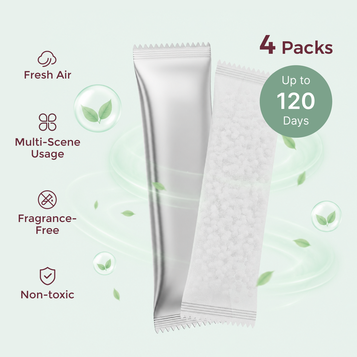 Momcozy Deodorizer Packs for Diaper Pail showing a 4-pack quantity and up to 120 days of odor protection with key features like fresh air, multi-scene usage, fragrance-free, and non-toxic properties.