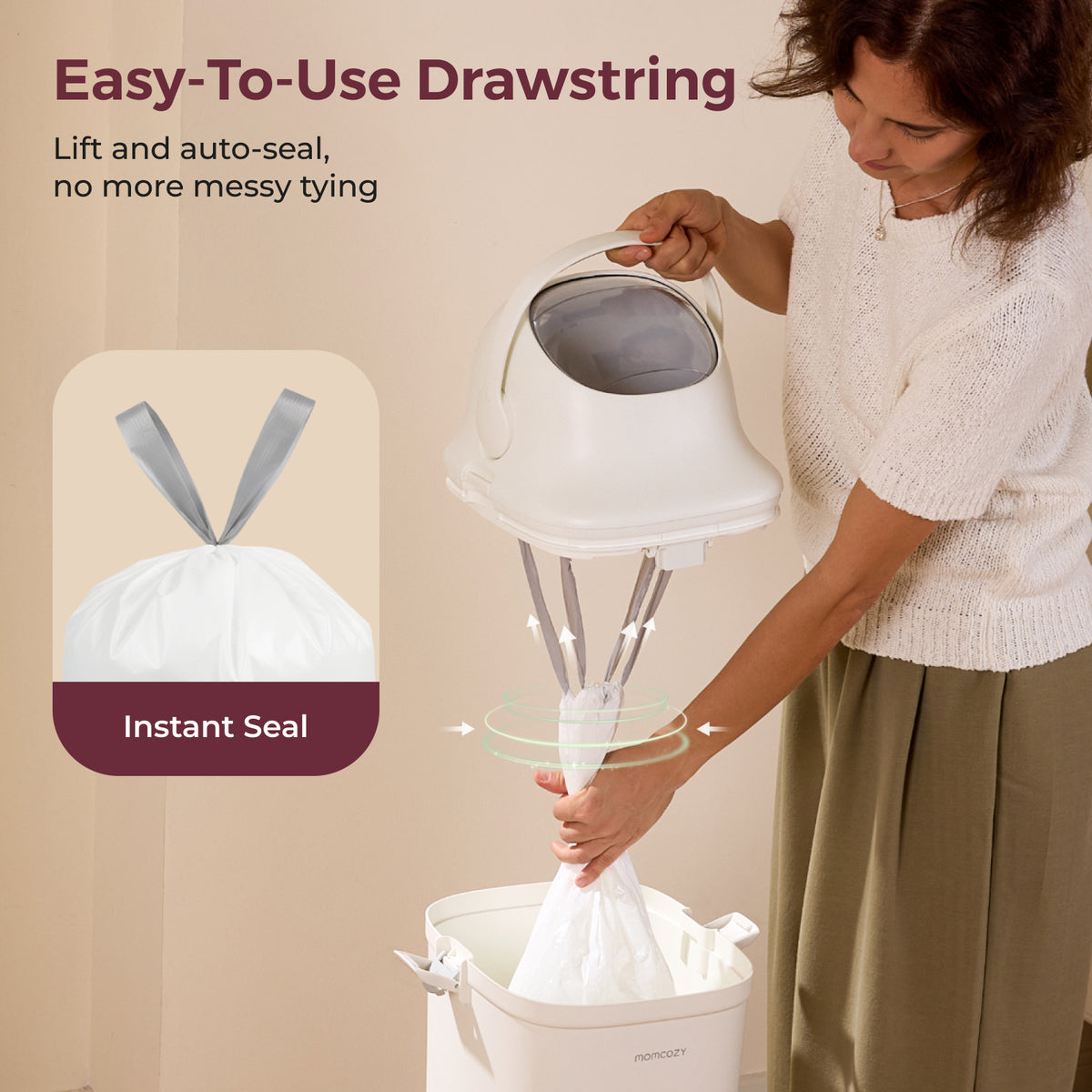 Momcozy Drawstring Trash Bags for Diaper Pail featuring an easy-to-use drawstring design for instant auto-sealing and mess-free disposal.
