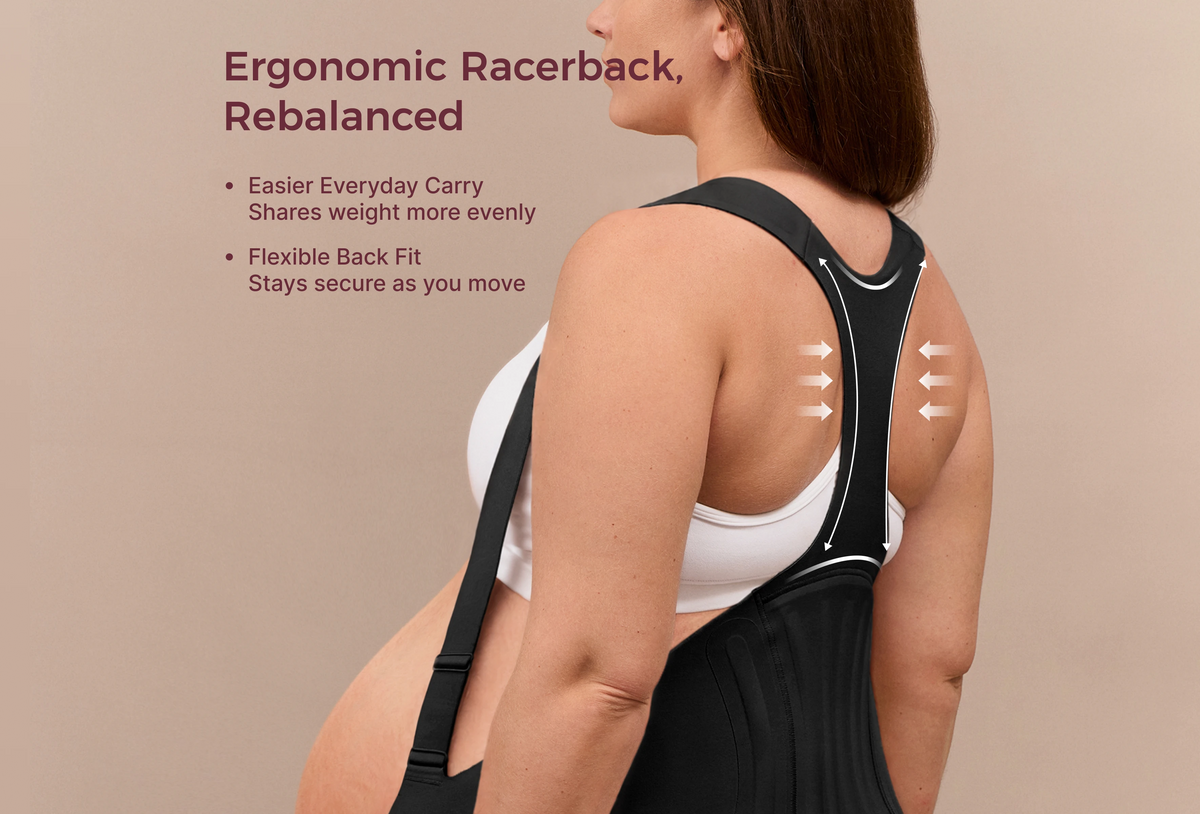 Pregnant woman in a black Momcozy maternity support band, white sports bra and gray leggings.