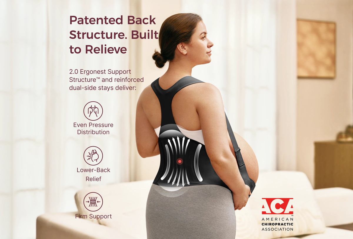Pregnant woman wearing the black Momcozy belly band with back support graphic and ACA certification logo.